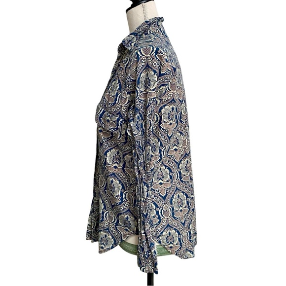 Roller Rabbit Floral Block Print Cotton Button Down Shirt Small Navy Cream - Picture 7 of 13